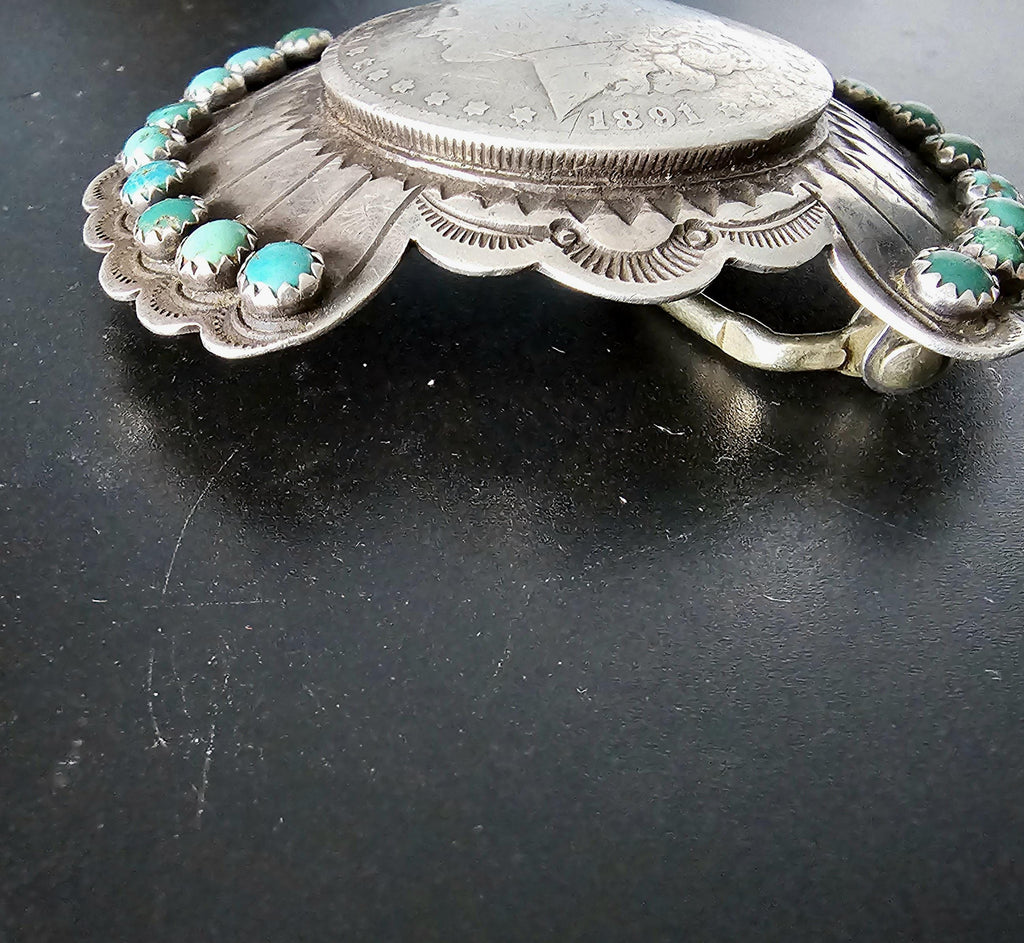 Coin Silver Signed Turquoise Vintage Buckle  Old Pawn JK 214