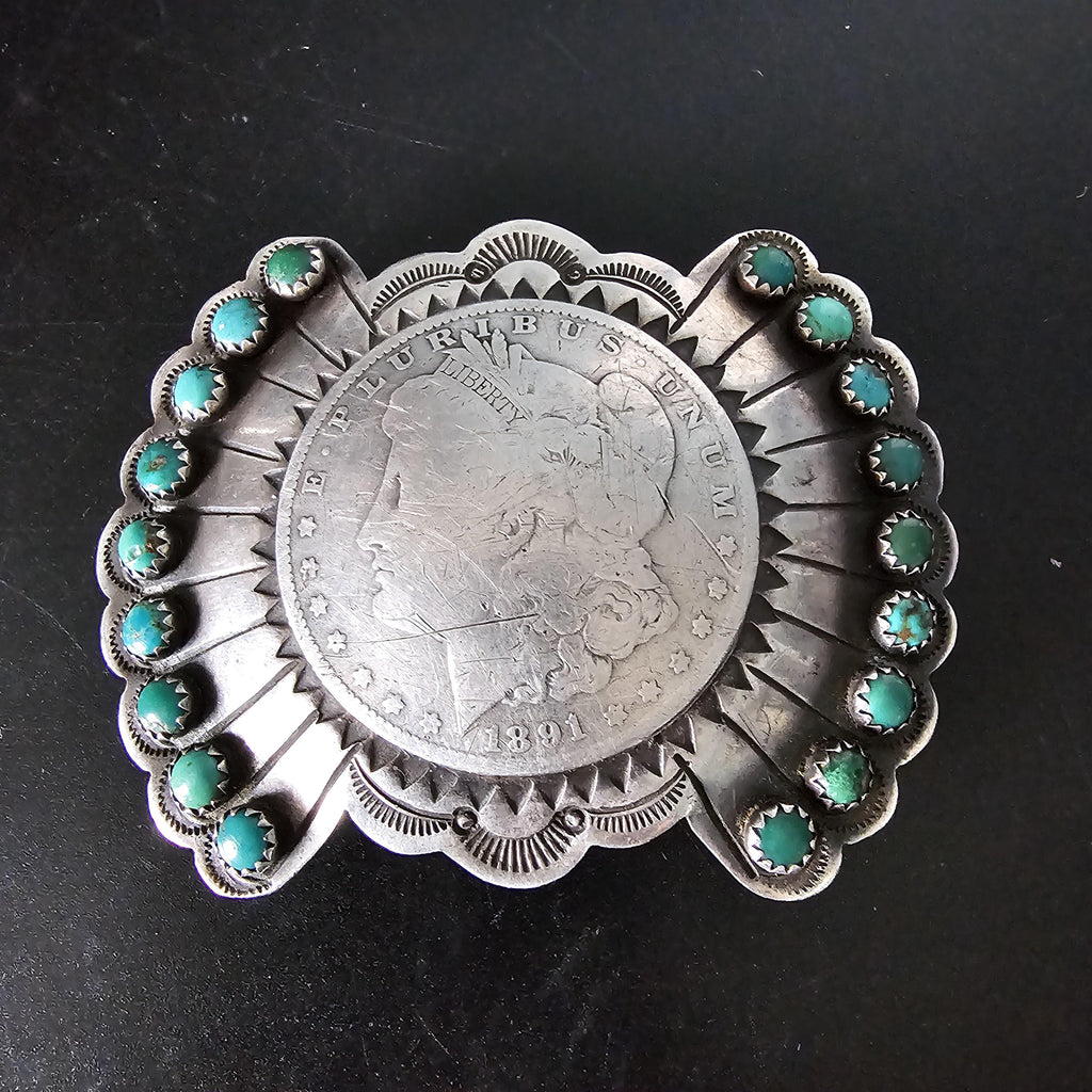 Coin Silver Signed Turquoise Vintage Buckle  Old Pawn JK 214