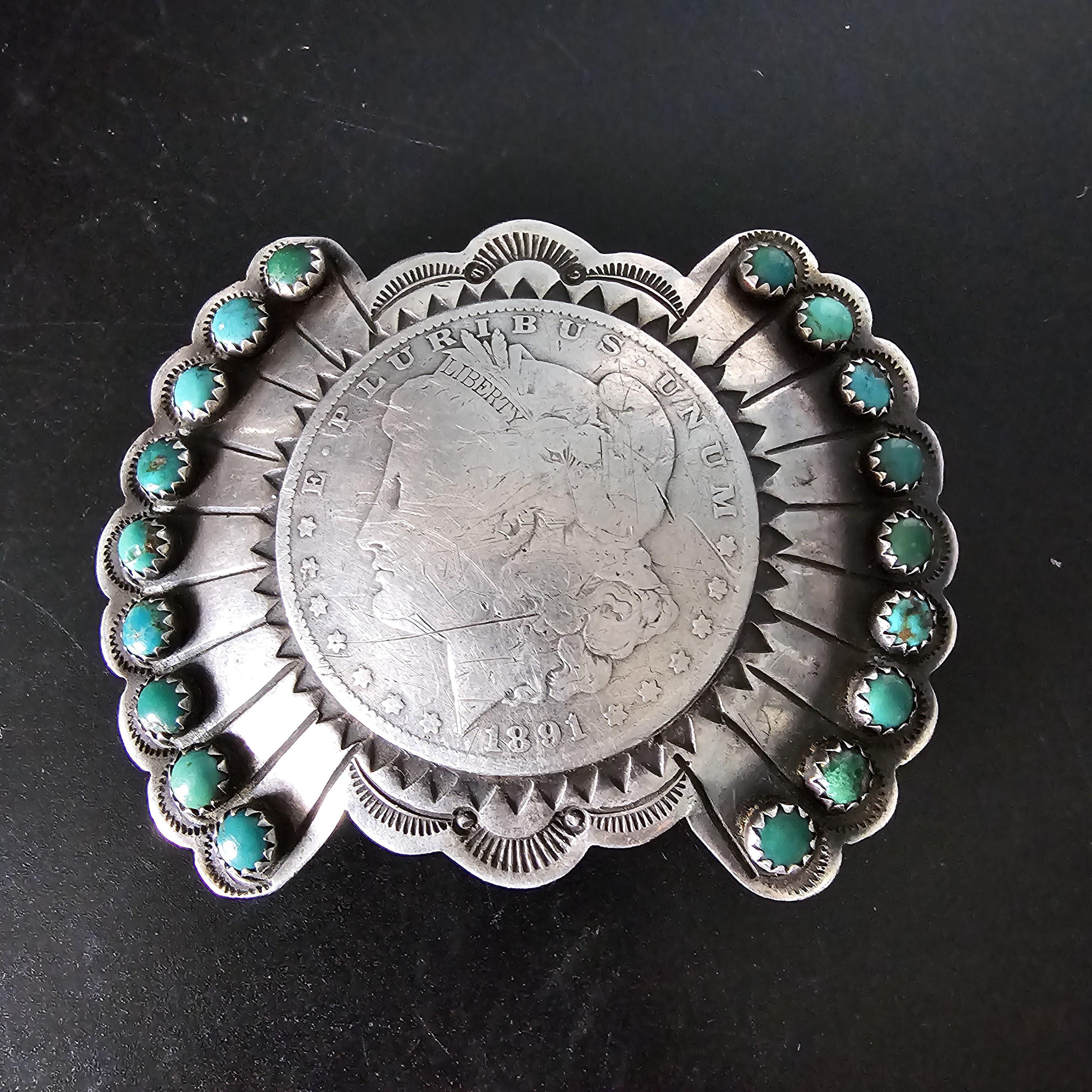Coin Silver Signed Turquoise Vintage Buckle  Old Pawn JK 214
