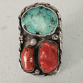 Very Large Statement Turquoise & Coral Silver Ring - Size 9  - Old Pawn JR 372