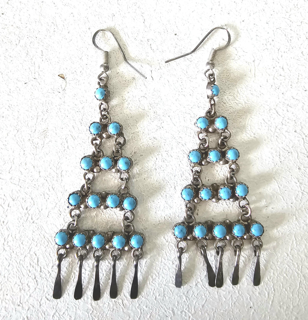 Long Vintage Turquoise Zuni Raincloud Earrings Old Pawn JE 456
