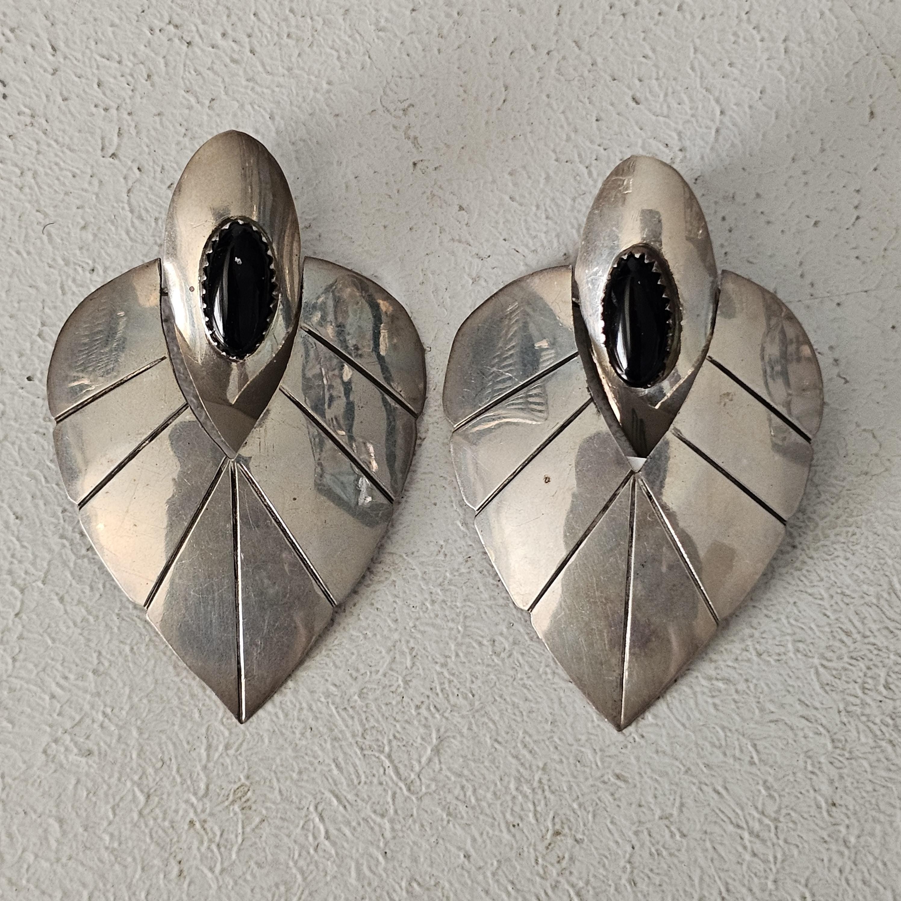 Sterling '70s Onyx Teardrop Vintage Silver Earrings . # JE 608