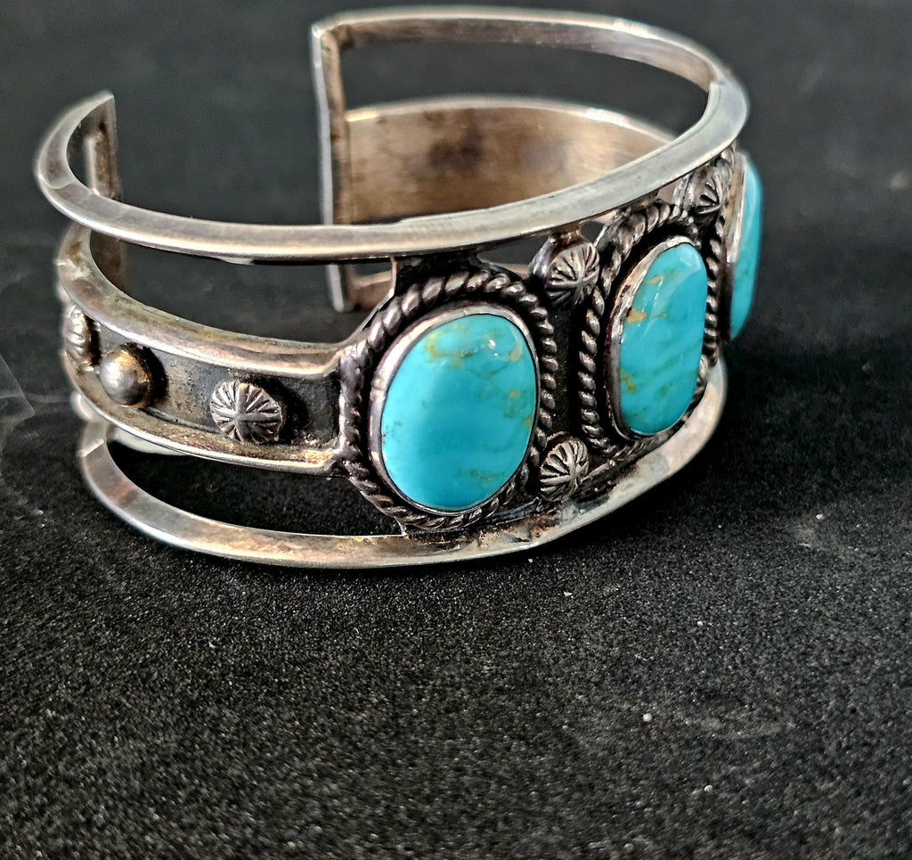 Vintage Turquoise Sterling Cuff Bracelet, Native Old Pawn size 6 1/2" JB 184