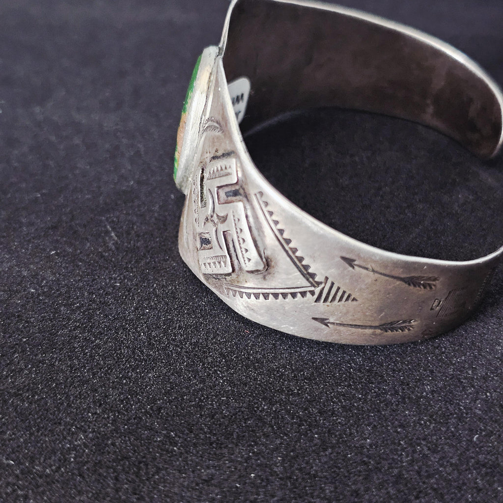 1920s Cerillos Ingot Silver Whirling Logs Native Cuff Bracelet Coin Silver. 7" wrist. JB 102