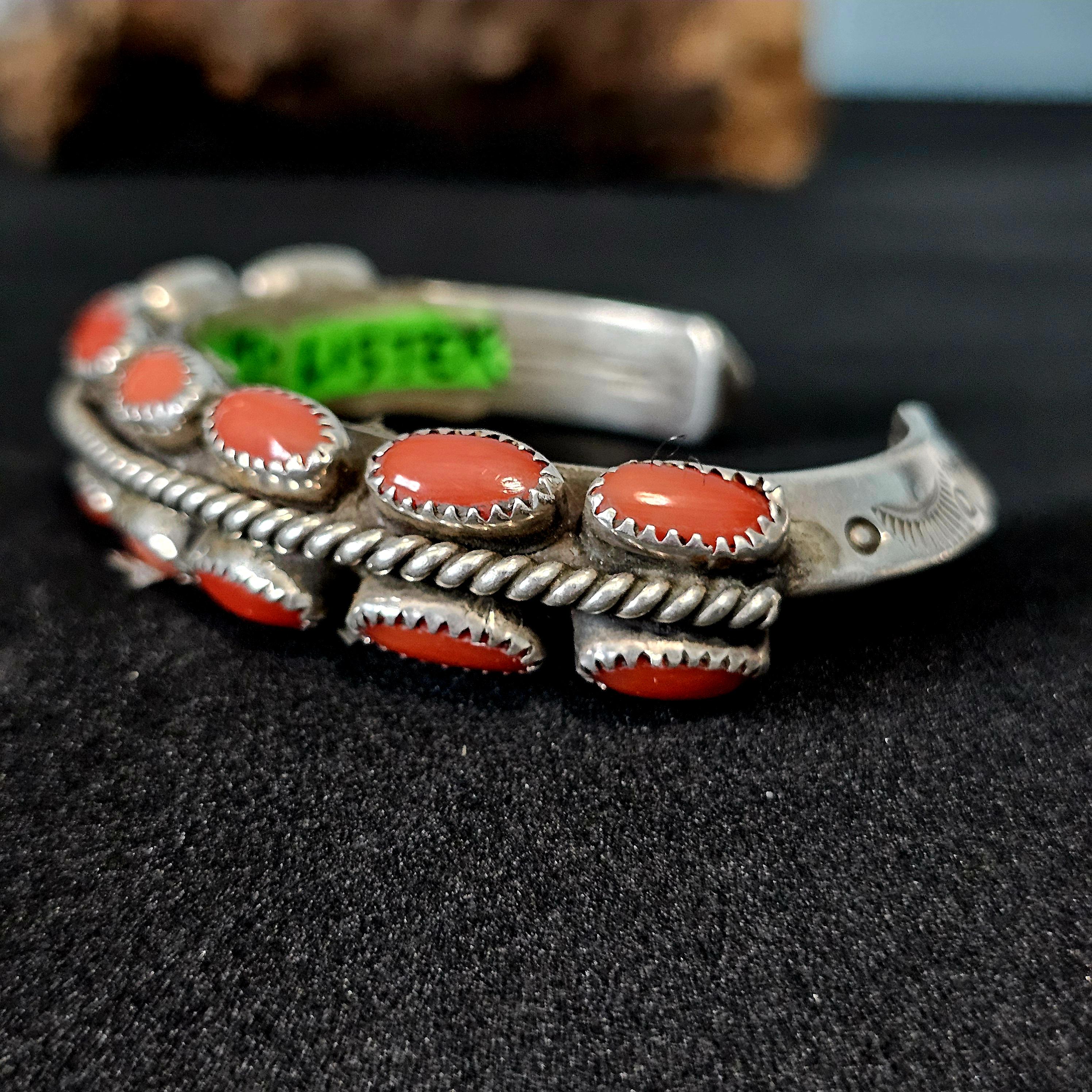 Signed Lister Coral Zuni Vintage Native Cuff Old Pawn. 6 1/2 " wrist JB 171