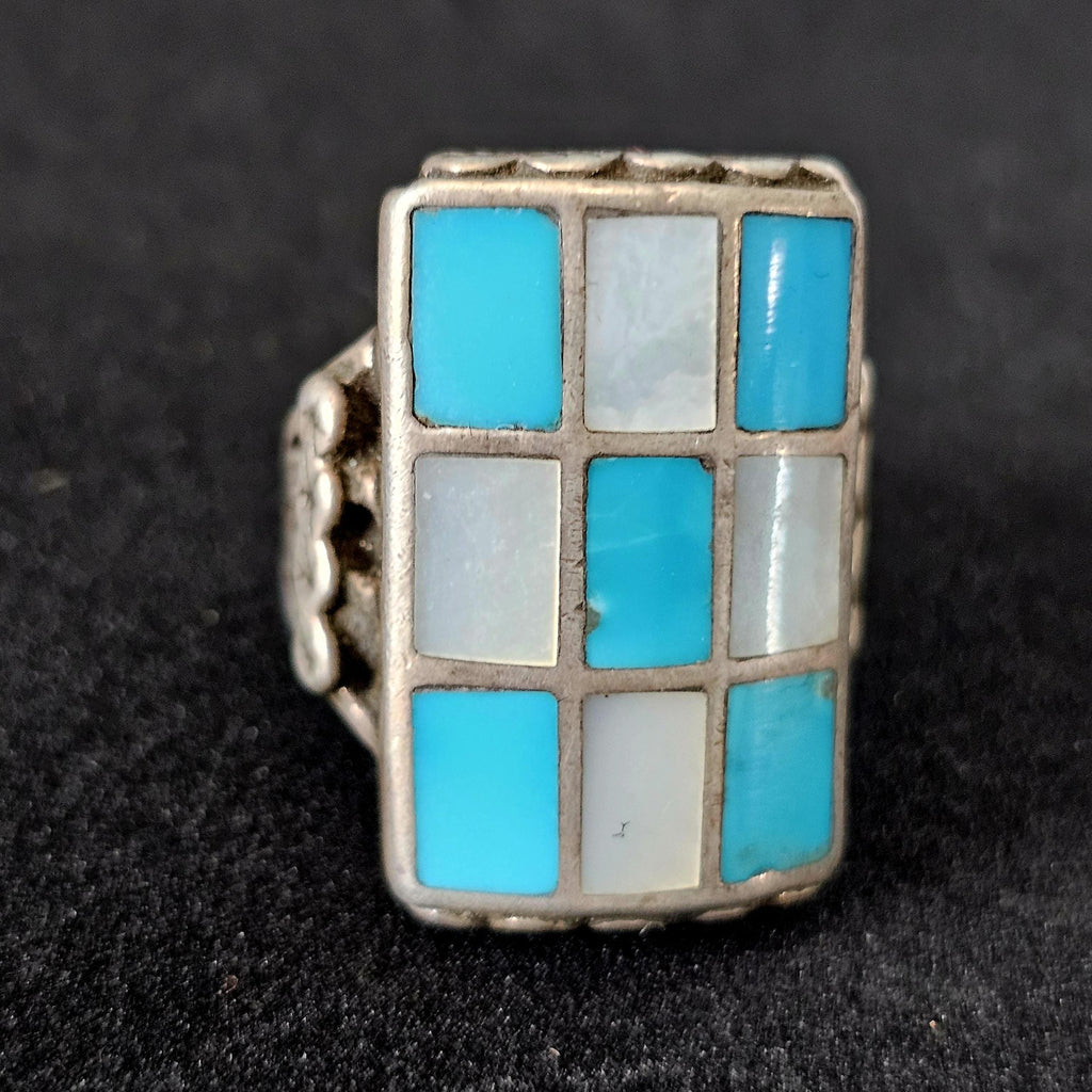 Vintage Zuni Inlay Turquoise MOP Sterling Silver Size 9 JR 234