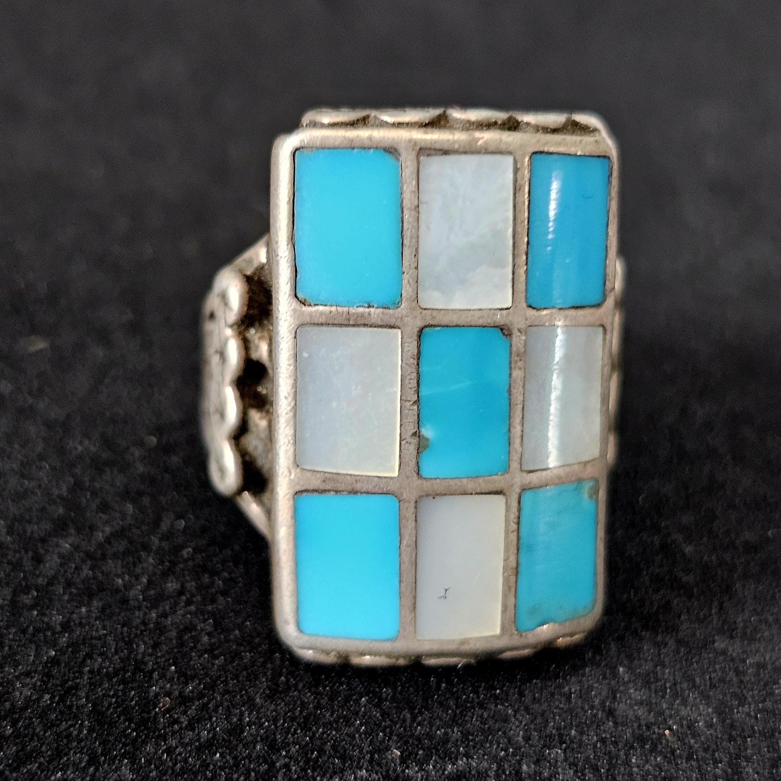Vintage Zuni Inlay Turquoise MOP Sterling Silver Size 9 JR 234