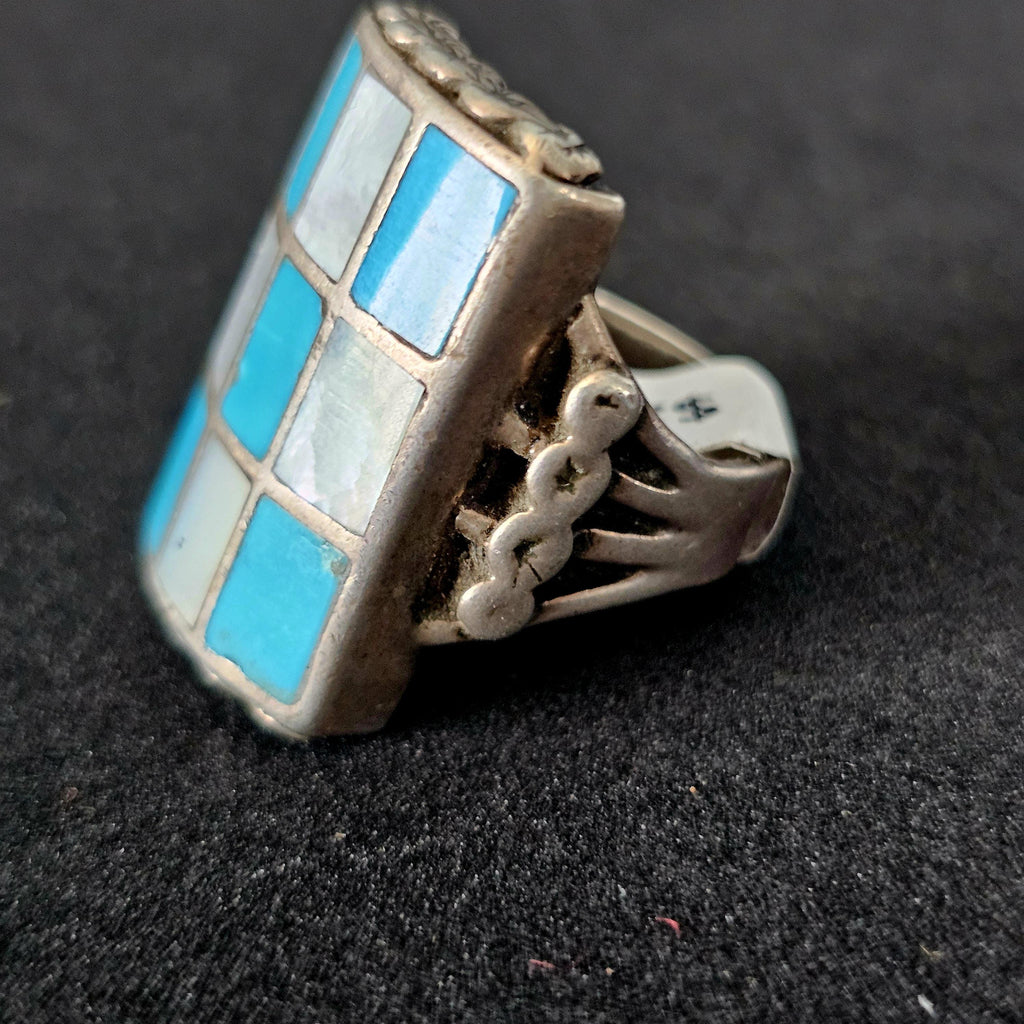 Vintage Zuni Inlay Turquoise MOP Sterling Silver Size 9 JR 234