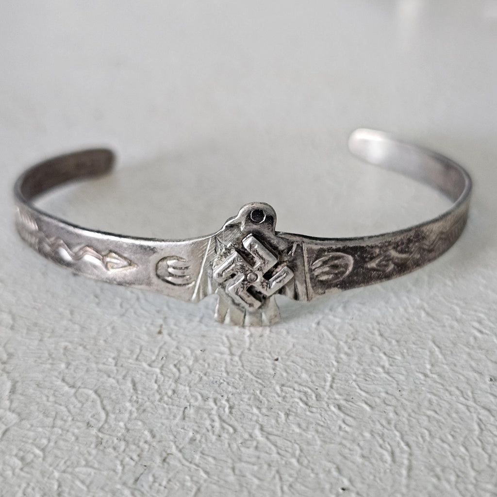1930s Small Whirling Log Thunderbird Silver Native Cuff Bracelet Old Pawn. 6" wrist. JB 201