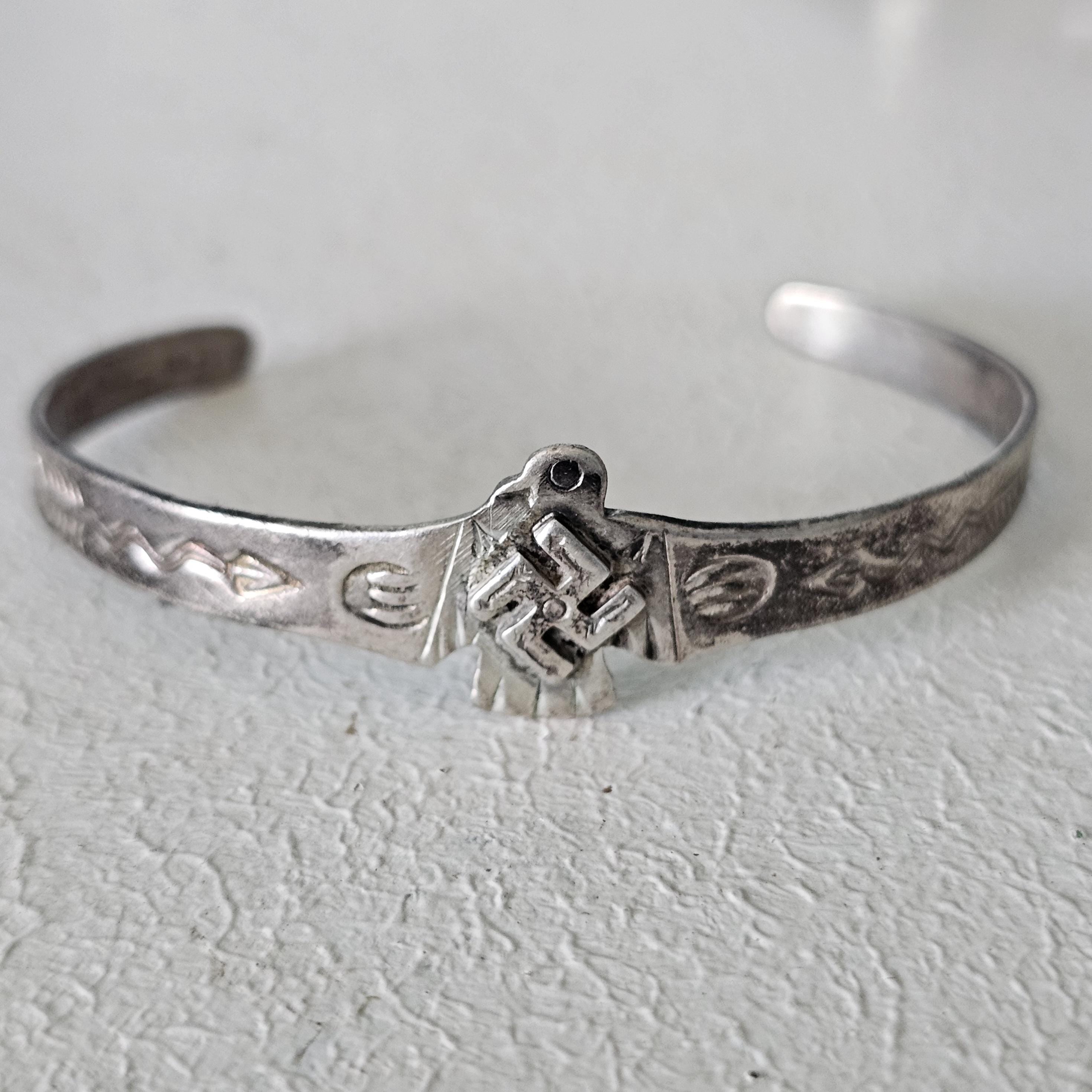 1930s Small Whirling Log Thunderbird Silver Native Cuff Bracelet Old Pawn. 6" wrist. JB 201