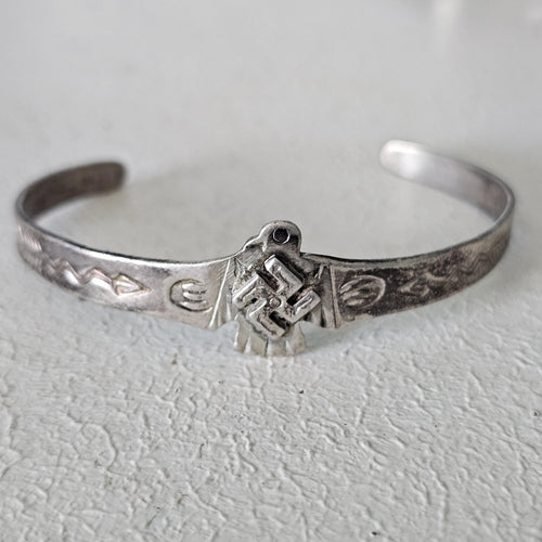 1930s Small Whirling Log Thunderbird Silver Native Cuff Bracelet Old Pawn. 6" wrist. JB 201