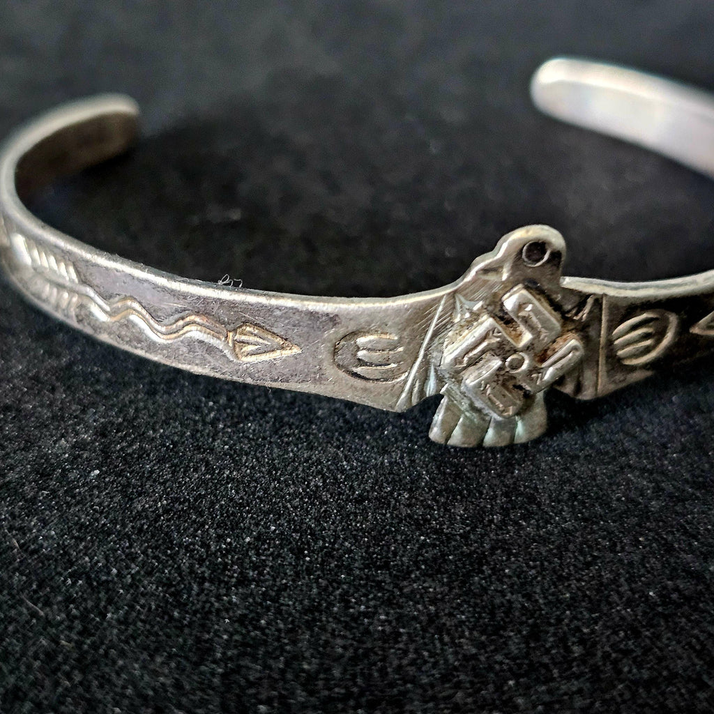 1930s Small Whirling Log Thunderbird Silver Native Cuff Bracelet Old Pawn. 6" wrist. JB 201