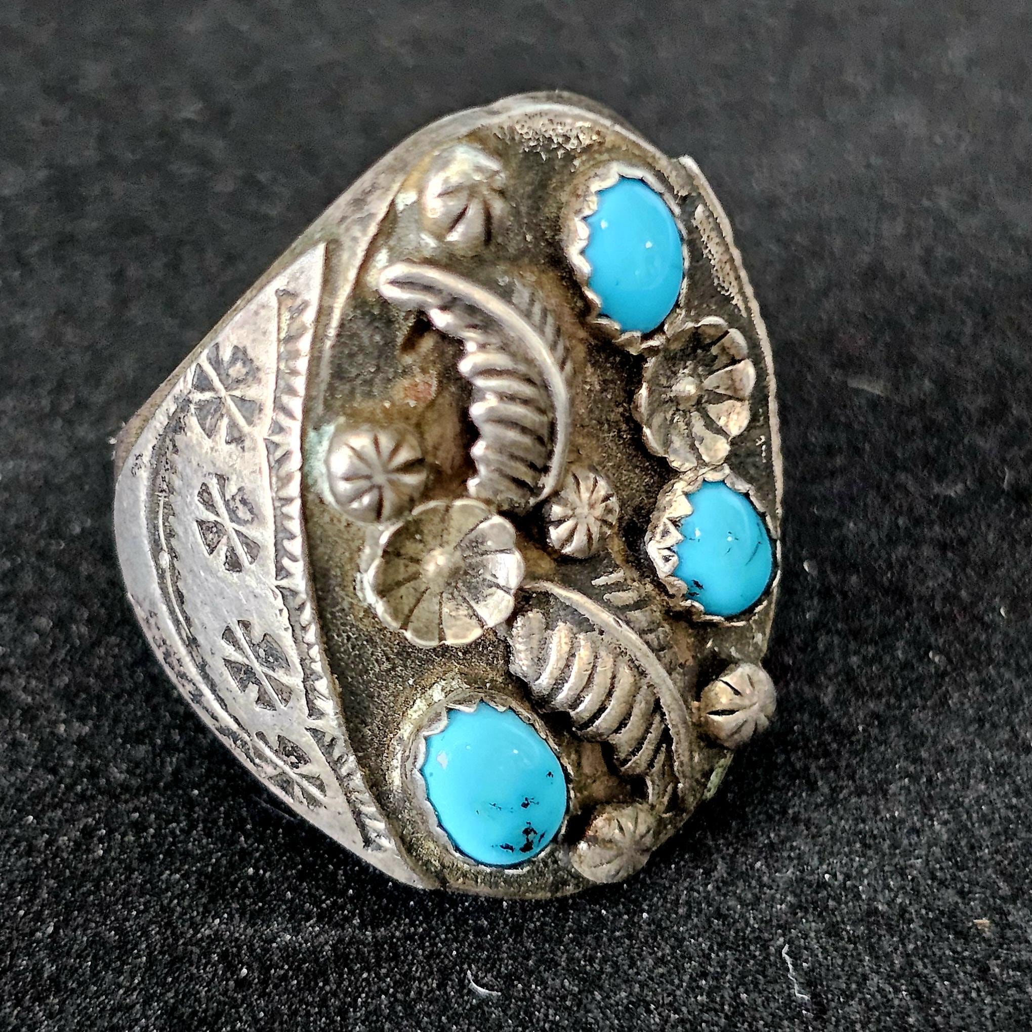 Cast Silver Turquoise Vintage Ring Size 11 Old Pawn JR 325