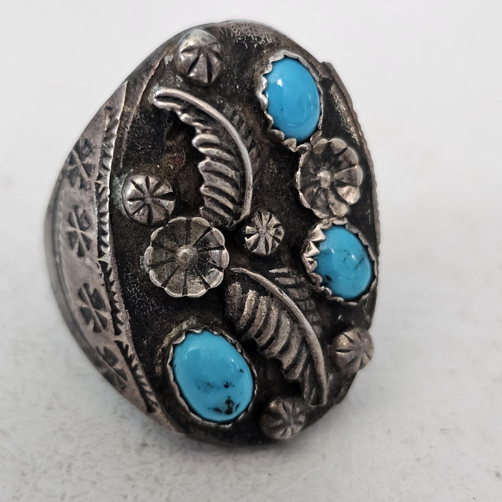 Cast Silver Turquoise Vintage Ring Size 11 Old Pawn JR 325
