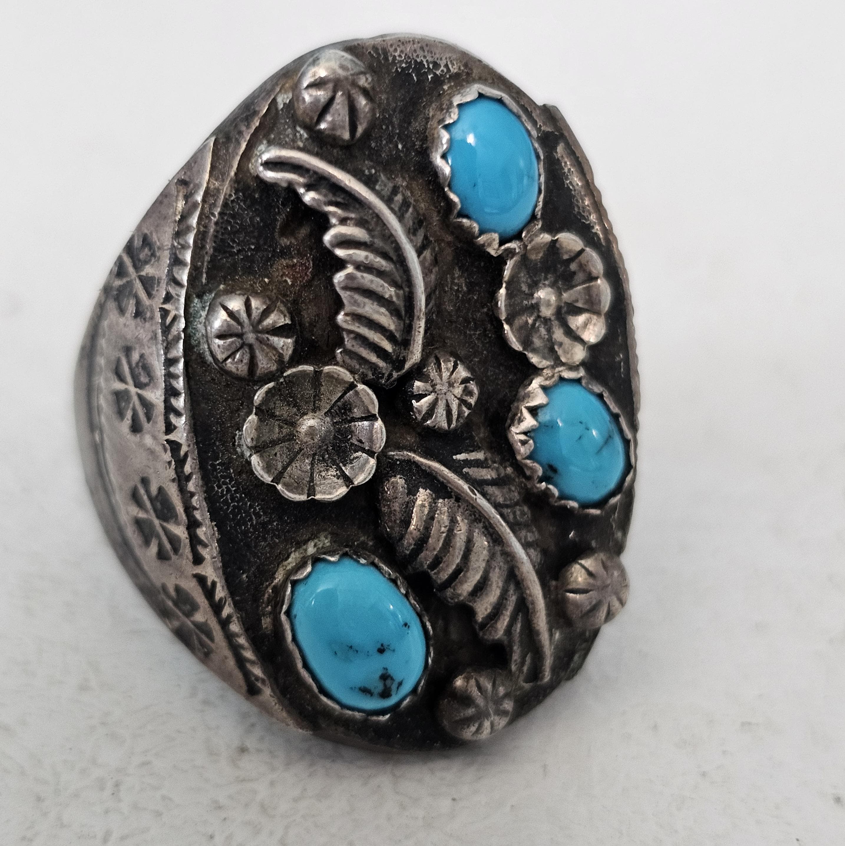 Cast Silver Turquoise Vintage Ring Size 11 Old Pawn JR 325