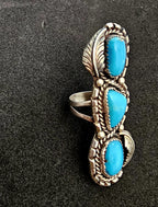 Bright Blue 3 Turquoise Stones Vintage Statement Ring Sterling Native Size 7 Old Pawn JR 457