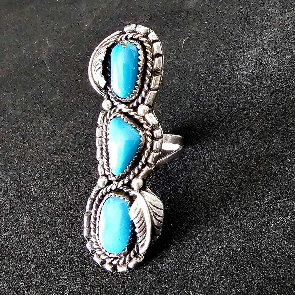 Bright Blue 3 Turquoise Stones Vintage Statement Ring Sterling Native Size 7 Old Pawn JR 457