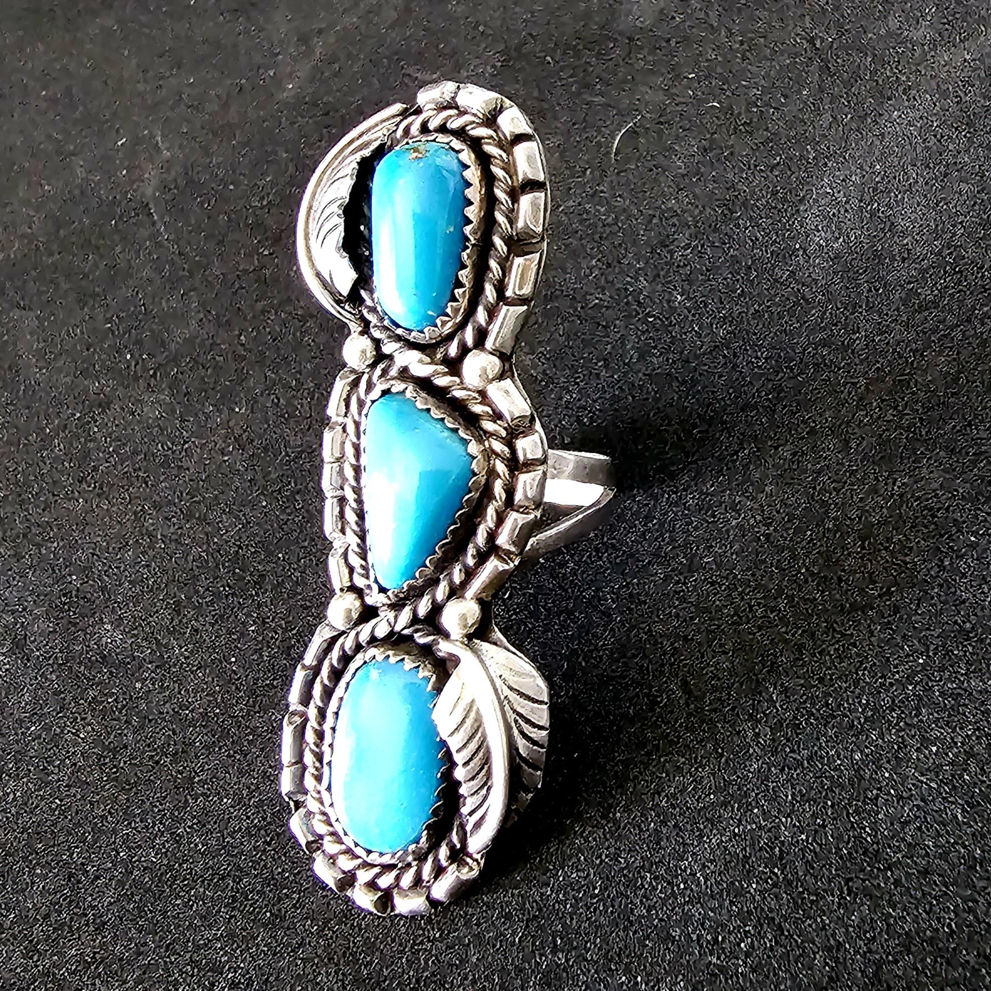 Bright Blue 3 Turquoise Stones Vintage Statement Ring Sterling Native Size 7 Old Pawn JR 457