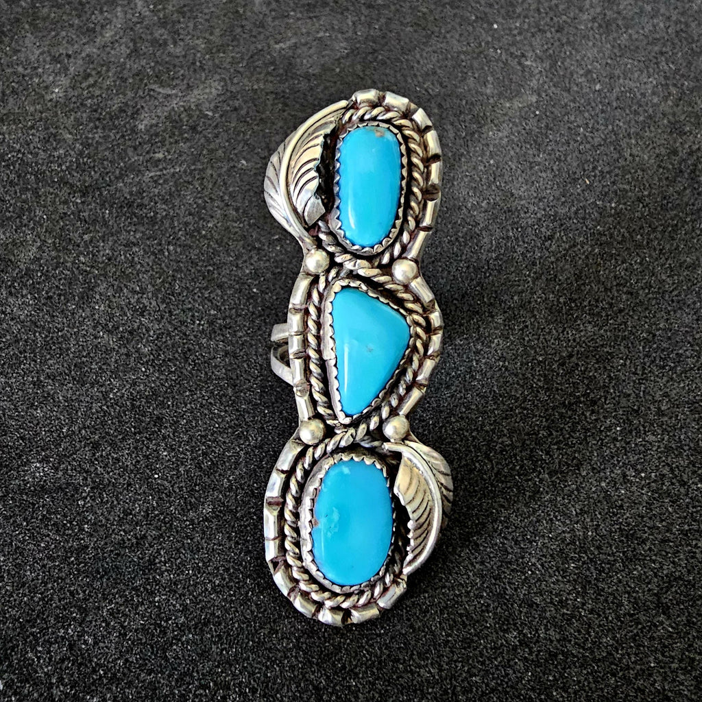Bright Blue 3 Turquoise Stones Vintage Statement Ring Sterling Native Size 7 Old Pawn JR 457