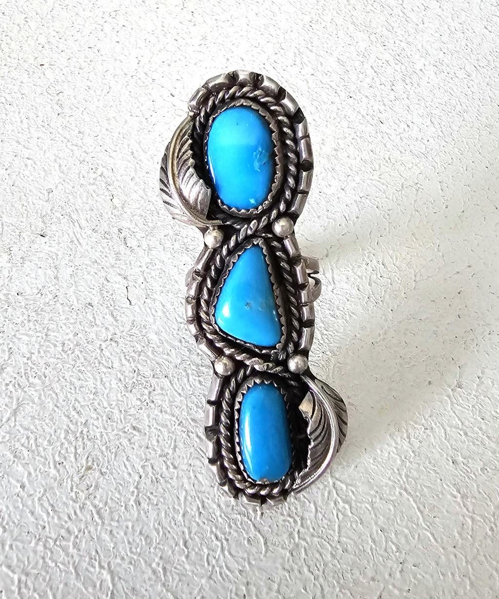Bright Blue 3 Turquoise Stones Vintage Statement Ring Sterling Native Size 7 Old Pawn JR 457