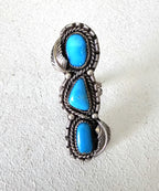 Bright Blue 3 Turquoise Stones Vintage Statement Ring Sterling Native Size 7 Old Pawn JR 457