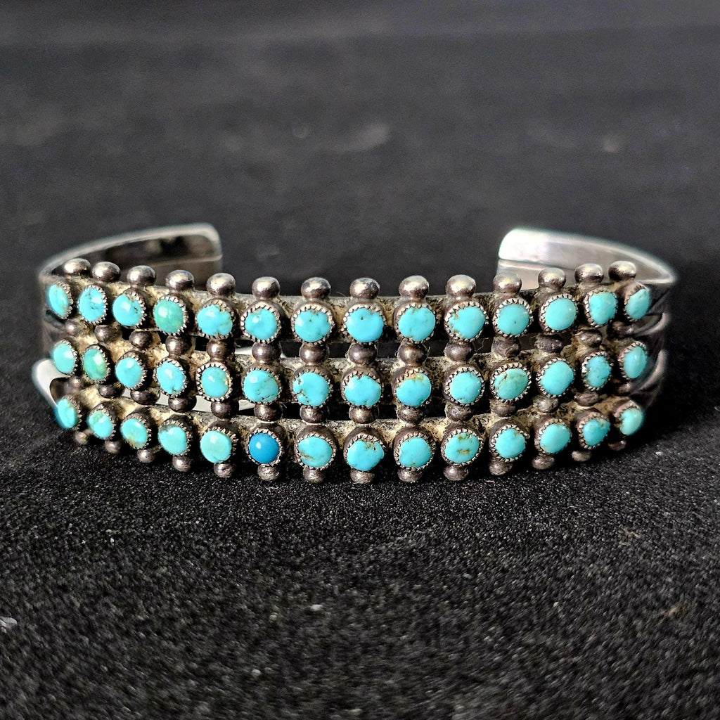1940s Zuni 3 Row Snake Eye Turquoise Sterling Silver Cuff Bracelet 6 1/4"  JB 190