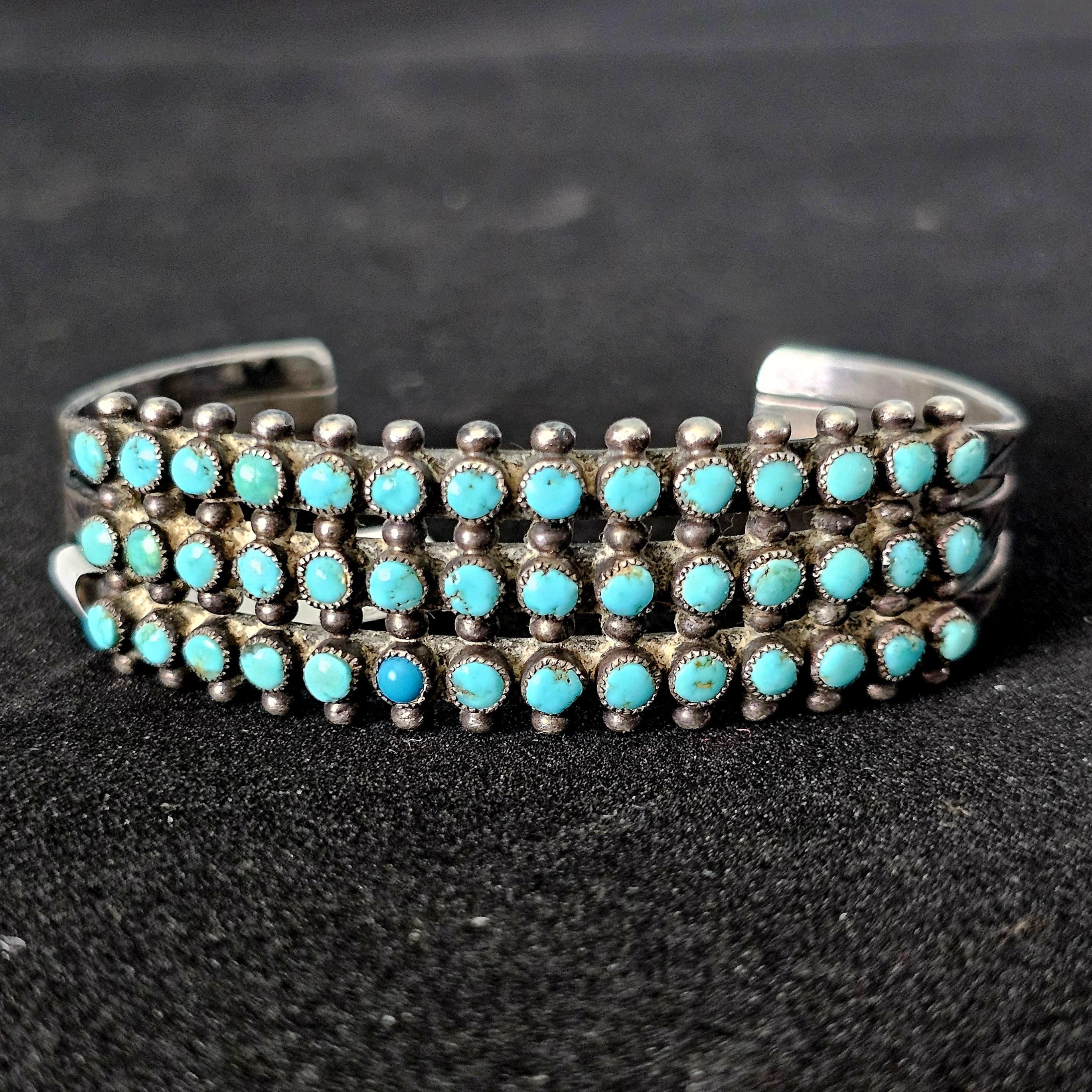 1940s Zuni 3 Row Snake Eye Turquoise Sterling Silver Cuff Bracelet 6 1/4"  JB 190