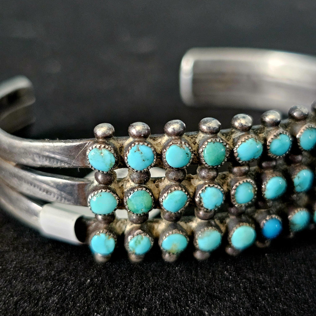 1940s Zuni 3 Row Snake Eye Turquoise Sterling Silver Cuff Bracelet 6 1/4"  JB 190