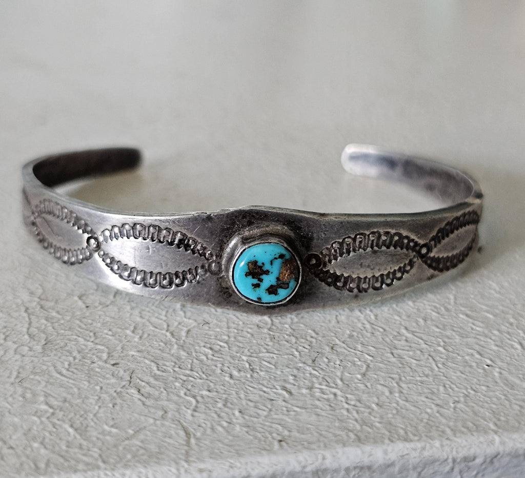 1920s Hand Forged Ingot Silver and Turquoise Native Cuff Bracelet Coin Silver. 6 1/2" wrist. JB 219