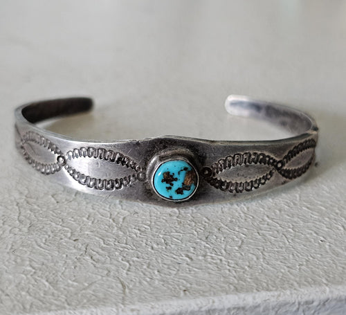 1920s Hand Forged Ingot Silver and Turquoise Native Cuff Bracelet Coin Silver. 6 1/2" wrist. JB 219