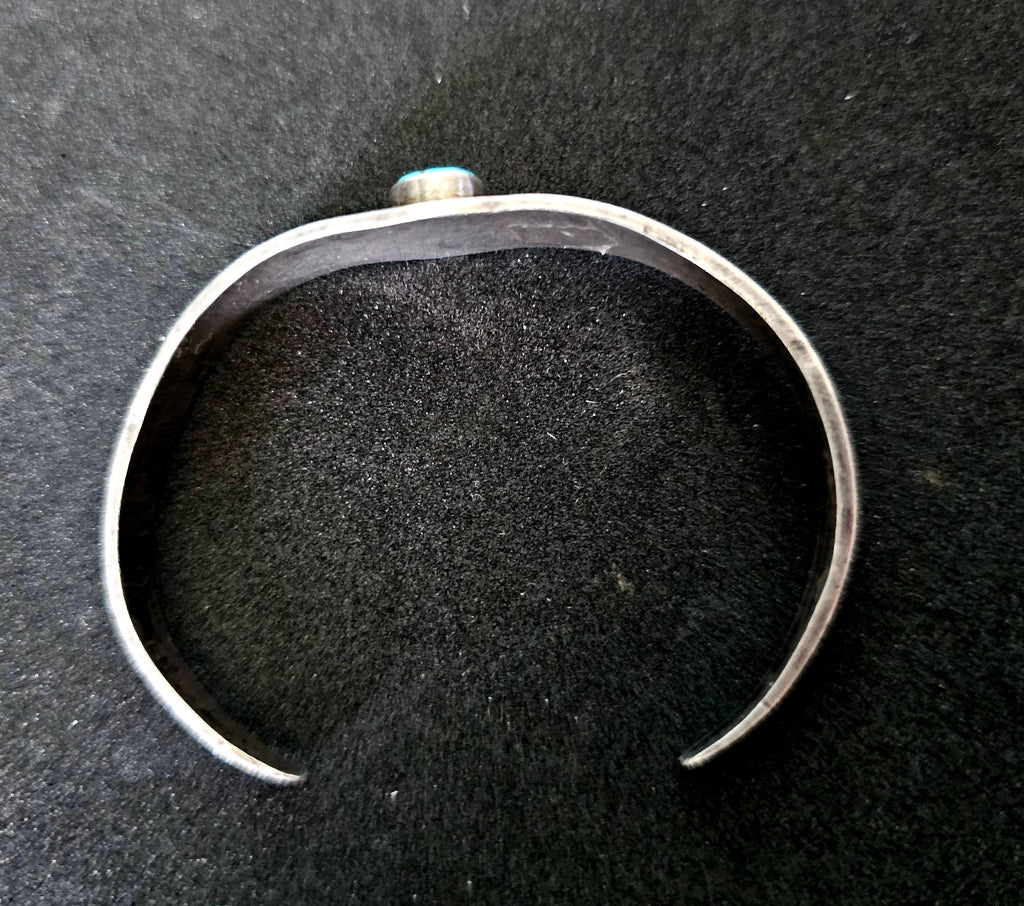 1920s Hand Forged Ingot Silver and Turquoise Native Cuff Bracelet Coin Silver. 6 1/2" wrist. JB 219