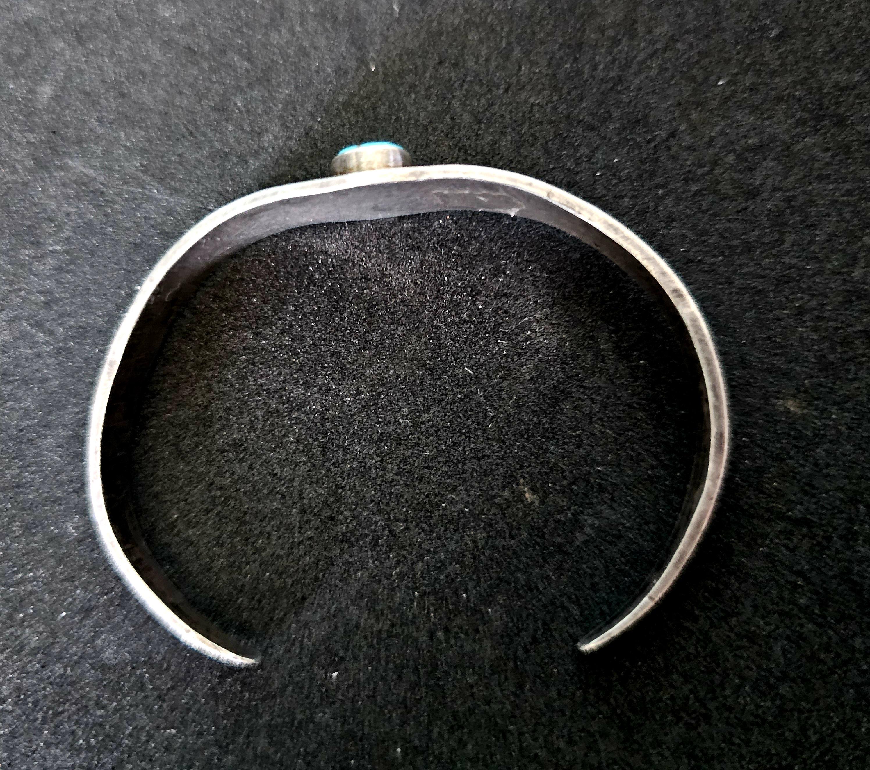 1920s Hand Forged Ingot Silver and Turquoise Native Cuff Bracelet Coin Silver. 6 1/2" wrist. JB 219