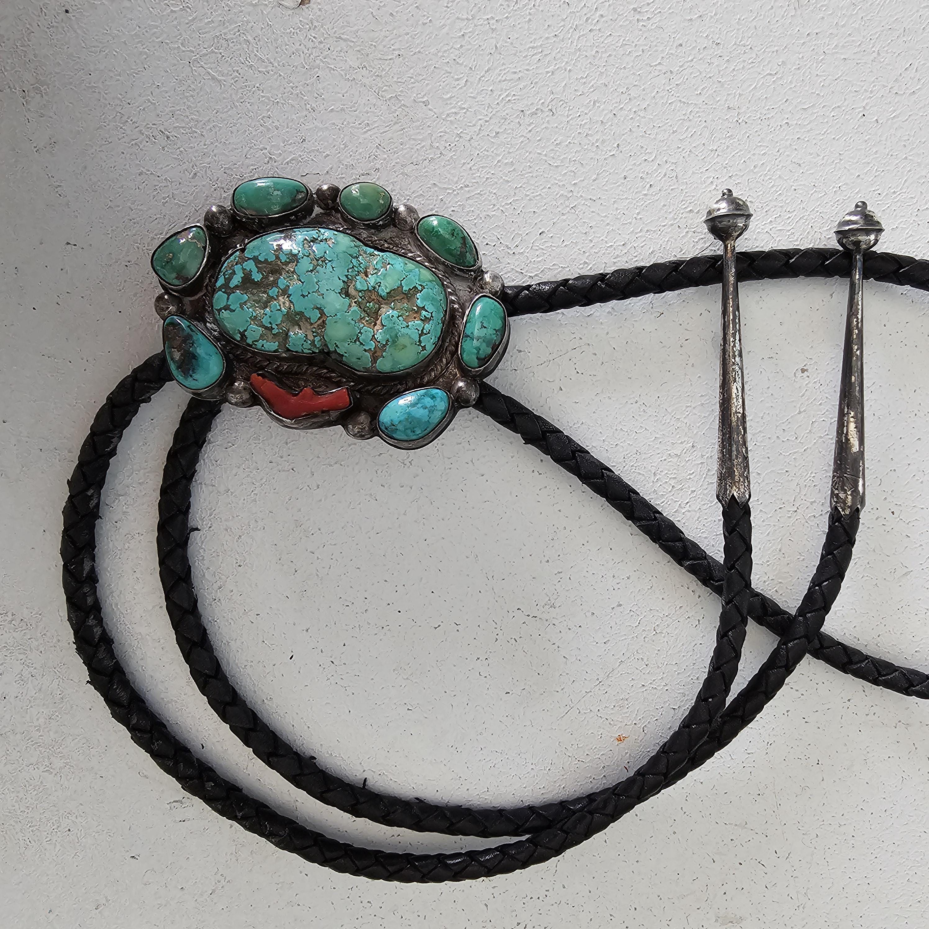 Great Old Turquoise & Coral Vintage Sterling Bolo  # JBO 161