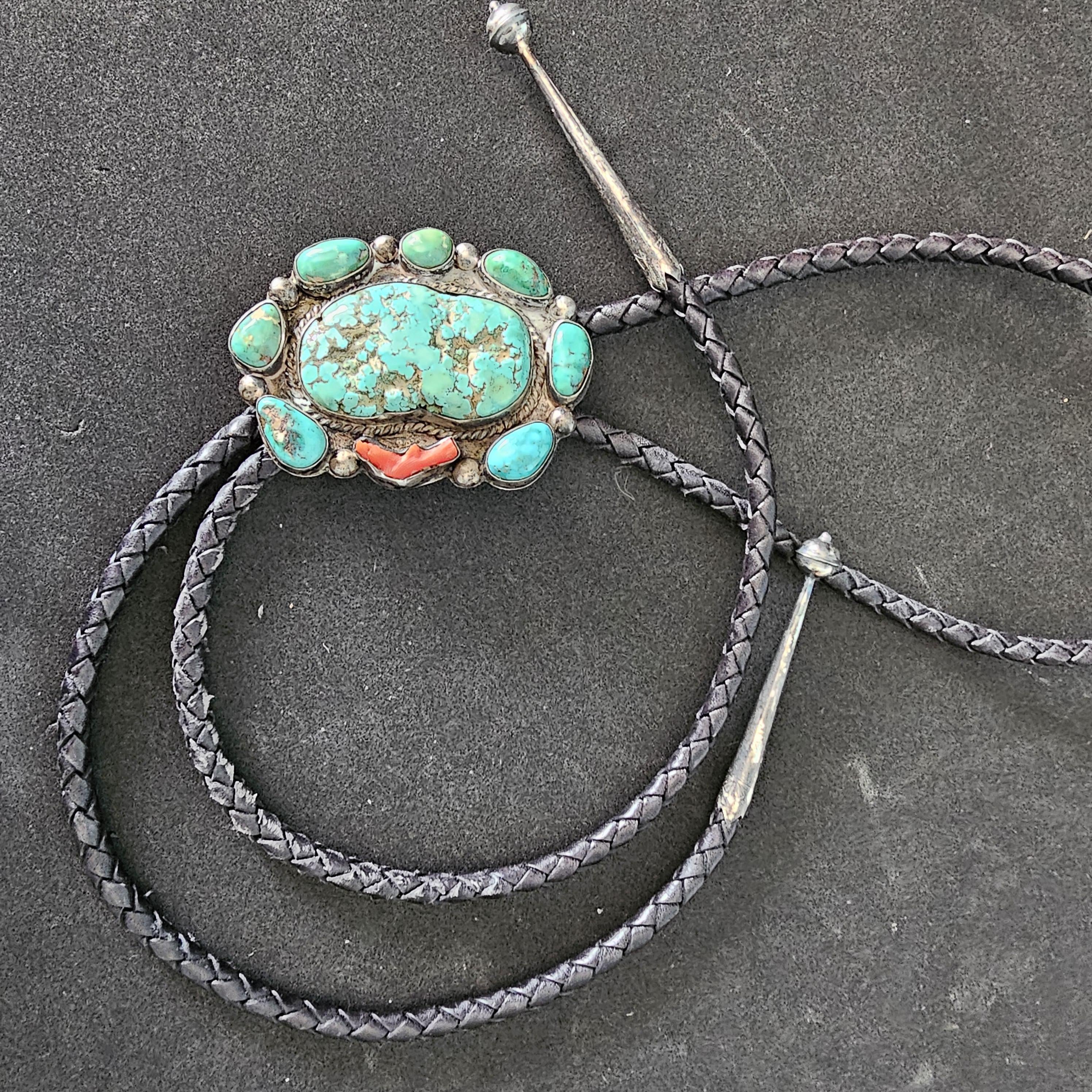 Great Old Turquoise & Coral Vintage Sterling Bolo  # JBO 161