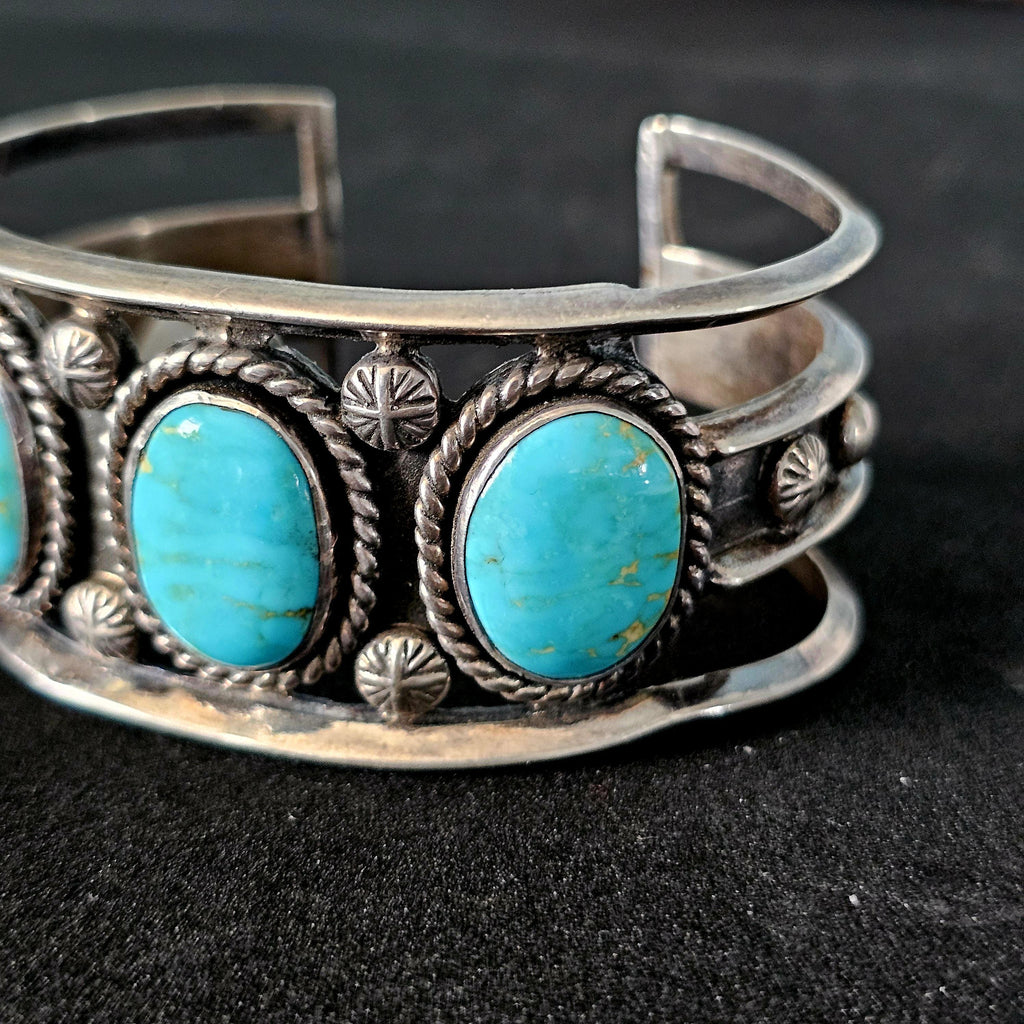 Vintage Turquoise Sterling Cuff Bracelet, Native Old Pawn size 6 1/2" JB 184