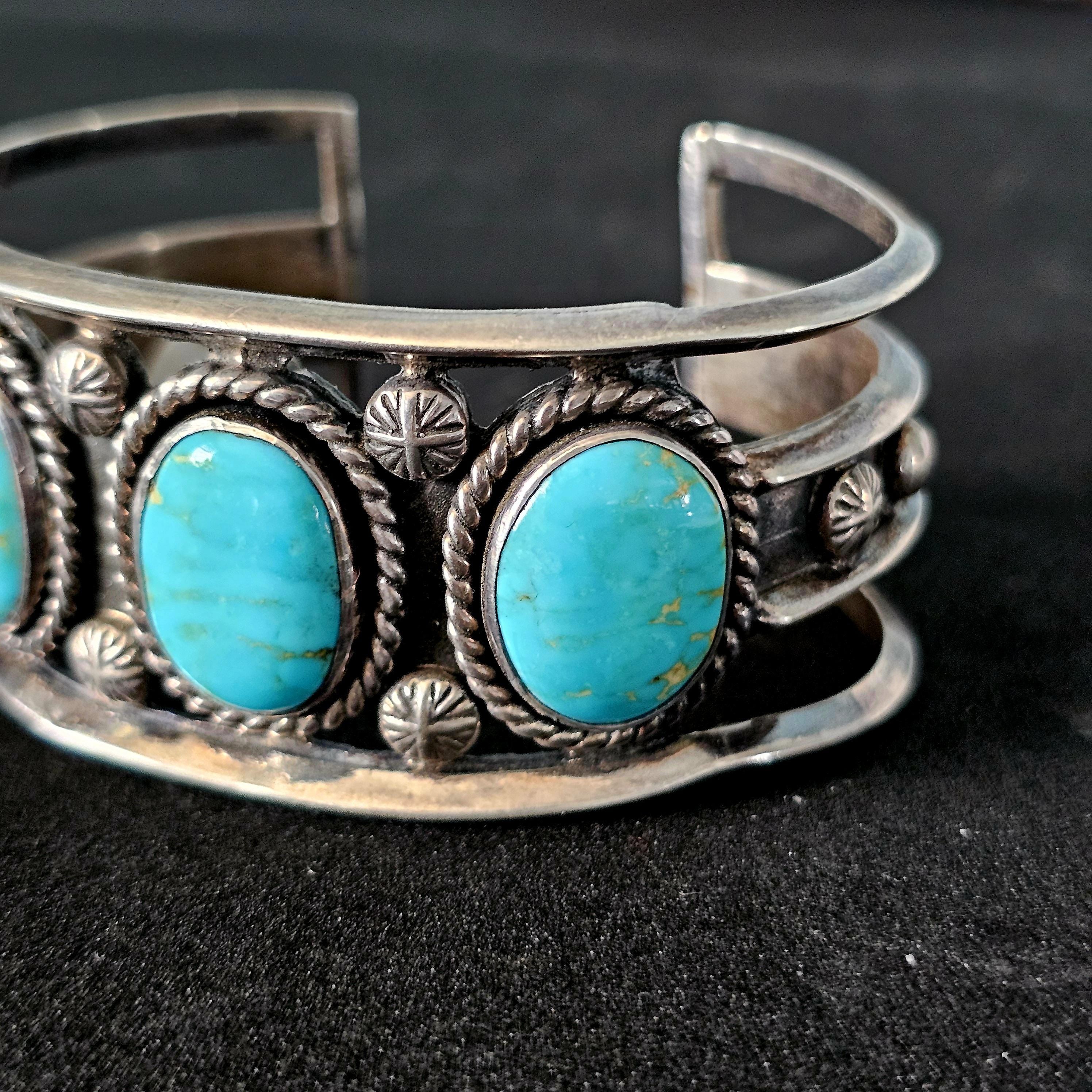 Vintage Turquoise Sterling Cuff Bracelet, Native Old Pawn size 6 1/2" JB 184