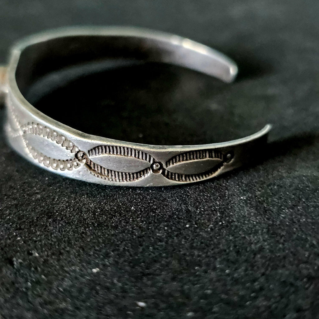 1920s Hand Forged Ingot Silver and Turquoise Native Cuff Bracelet Coin Silver. 6 1/2" wrist. JB 219