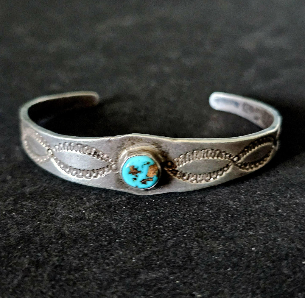 1920s Hand Forged Ingot Silver and Turquoise Native Cuff Bracelet Coin Silver. 6 1/2" wrist. JB 219