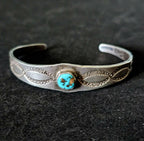 1920s Hand Forged Ingot Silver and Turquoise Native Cuff Bracelet Coin Silver. 6 1/2" wrist. JB 219