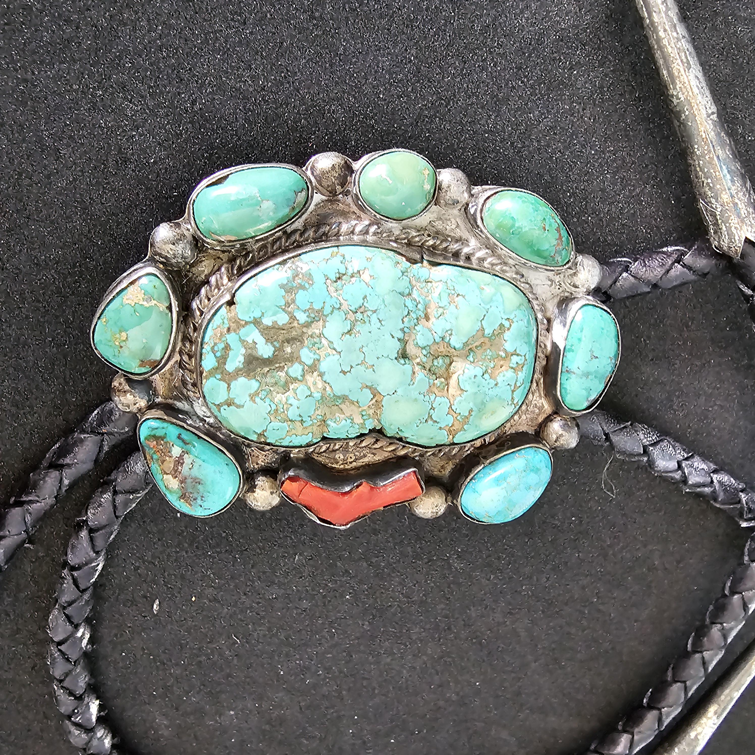 Great Old Turquoise & Coral Vintage Sterling Bolo  # JBO 161
