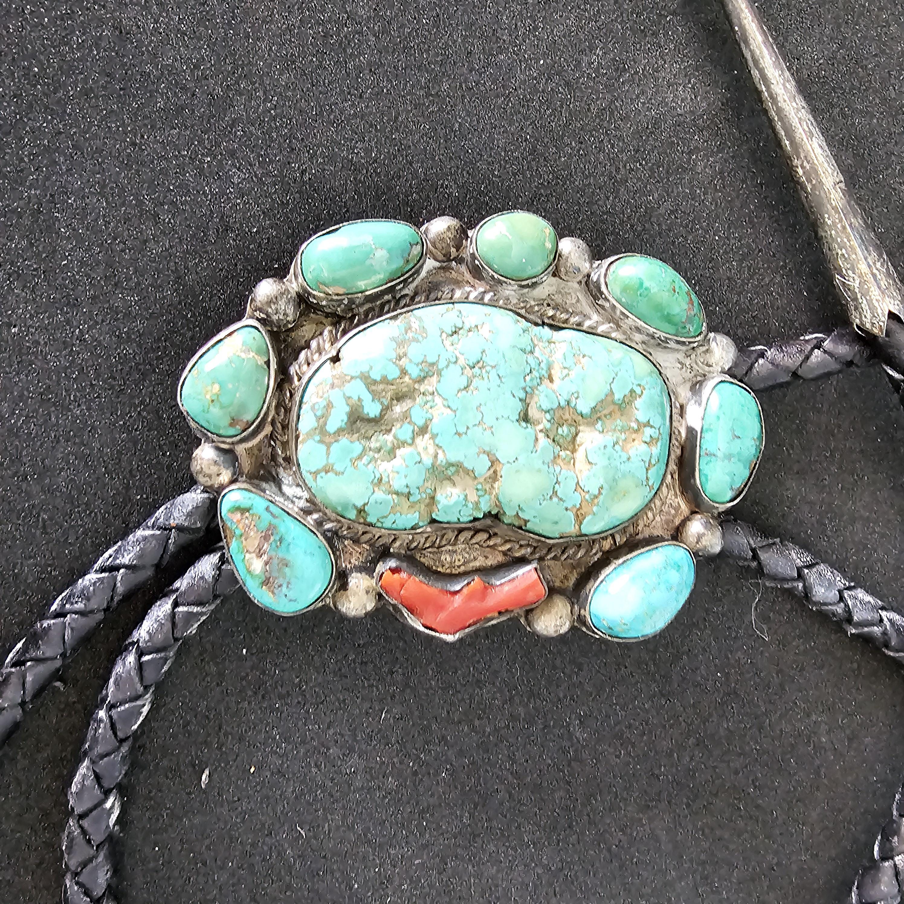Great Old Turquoise & Coral Vintage Sterling Bolo  # JBO 161