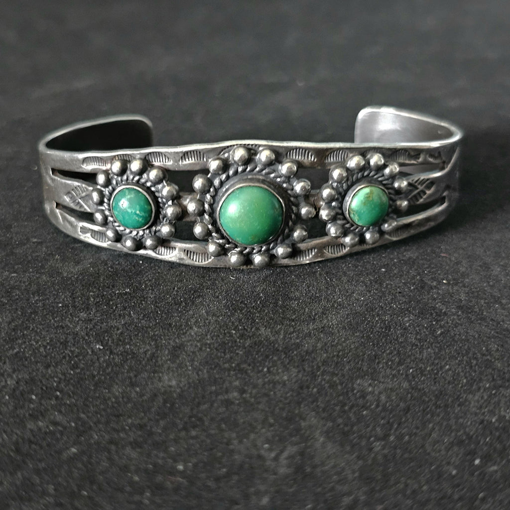 1930s Green Turquoise Sterling Native  Vintage Cuff  6 3/4" wrist   JB 272