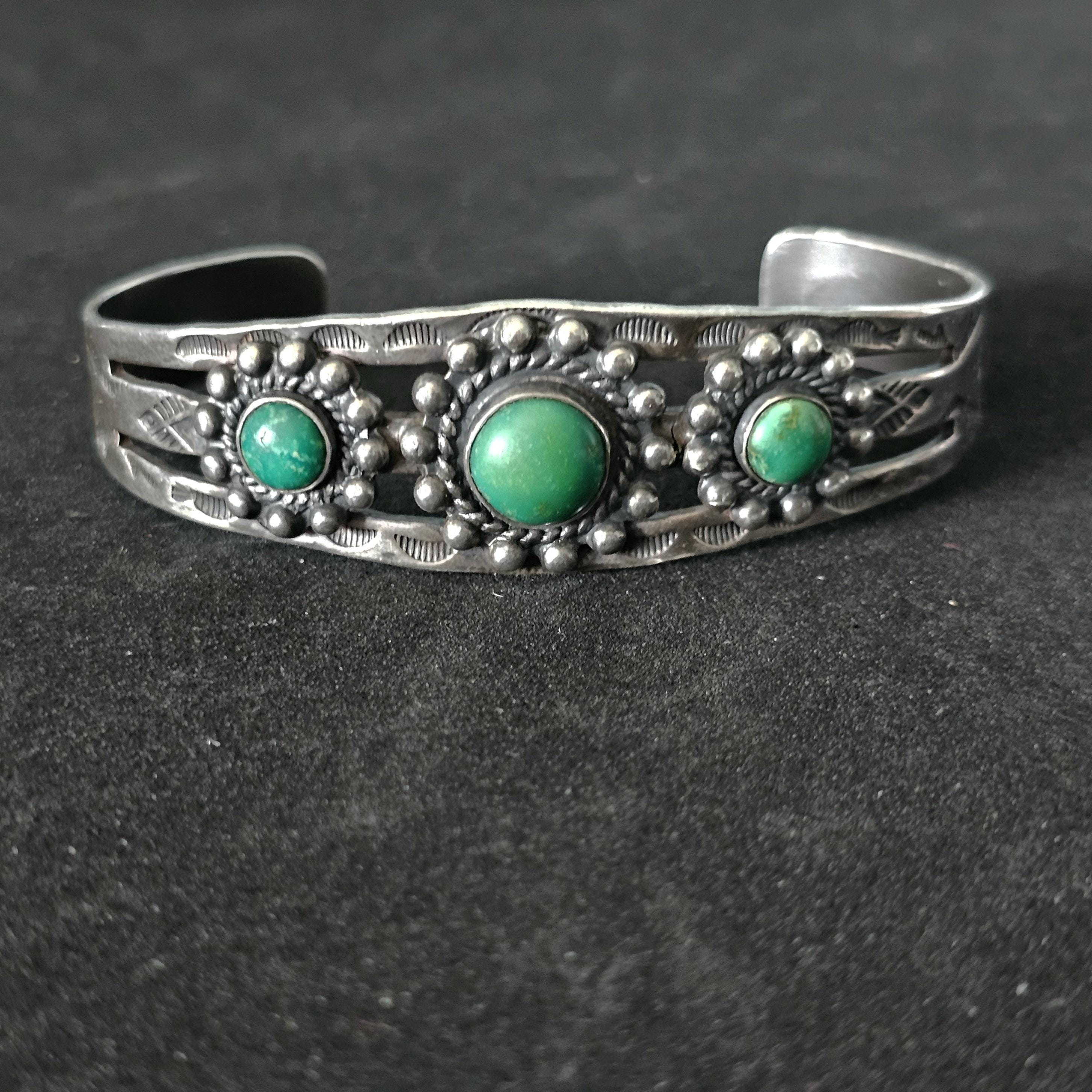 1930s Green Turquoise Sterling Native  Vintage Cuff  6 3/4" wrist   JB 272