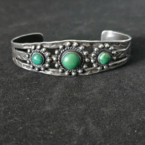 1930s Green Turquoise Sterling Native  Vintage Cuff  6 3/4" wrist   JB 272