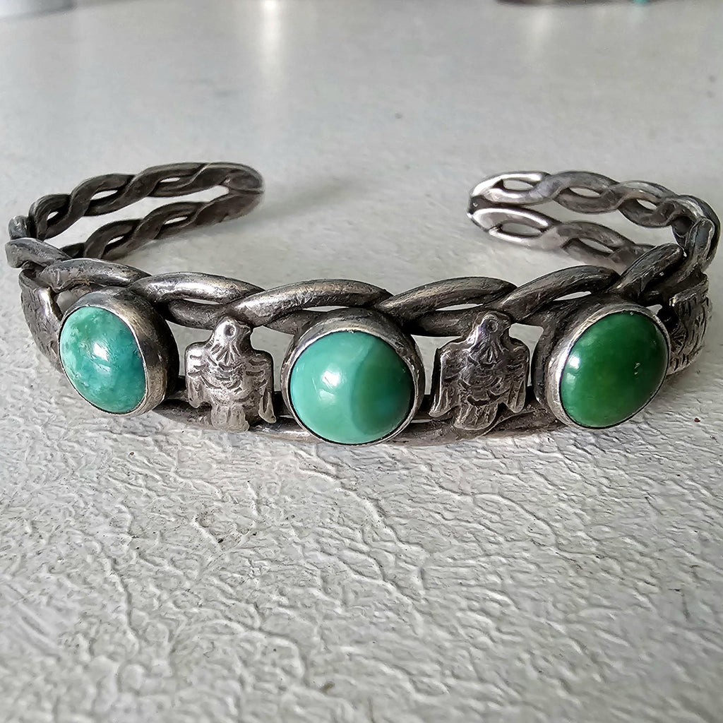 1930s Thunderbird Green Turquoise Sterling Native  Vintage Cuff JB 258  6 3/4" wrist