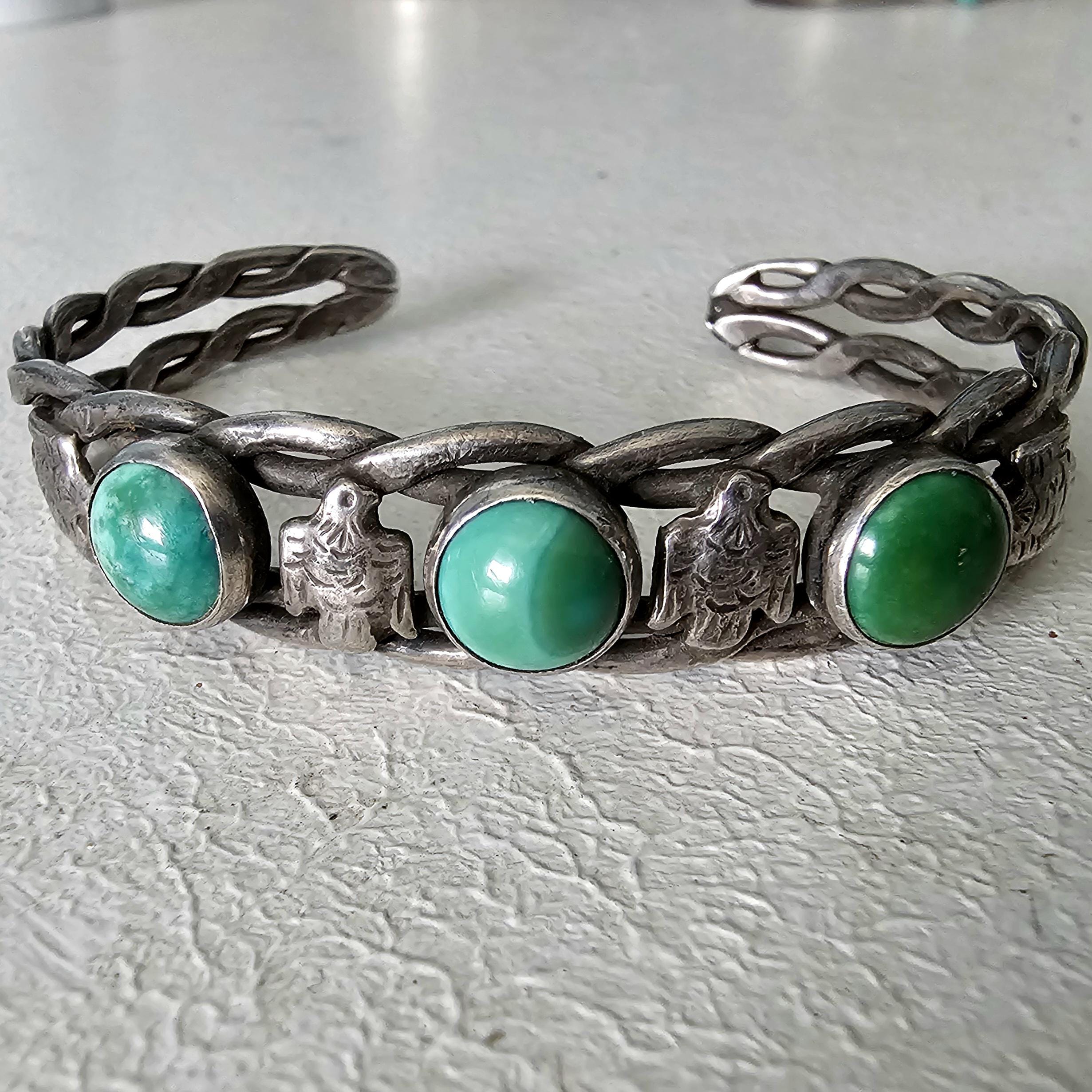 1930s Thunderbird Green Turquoise Sterling Native  Vintage Cuff JB 258  6 3/4" wrist