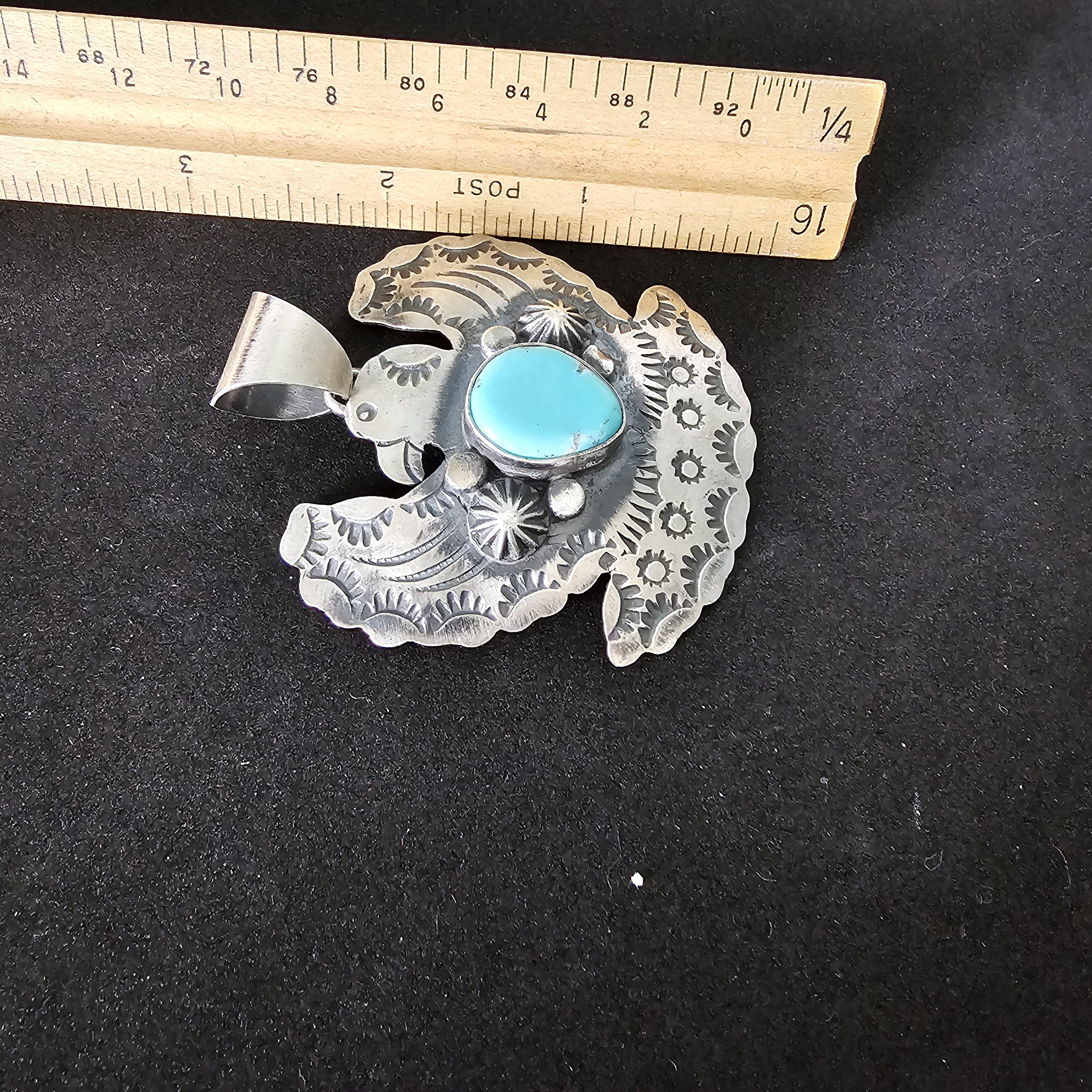 Big Thunderbird Turquoise Native Pendent Old Pawn Sterling # JPN 137