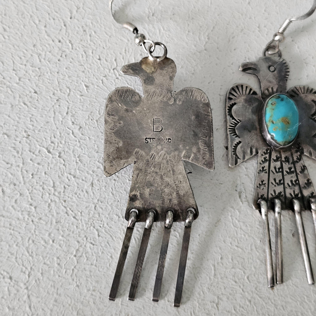 Thunderbird Turquoise Native Earrings Old Pawn 2 1/2"  JE  637