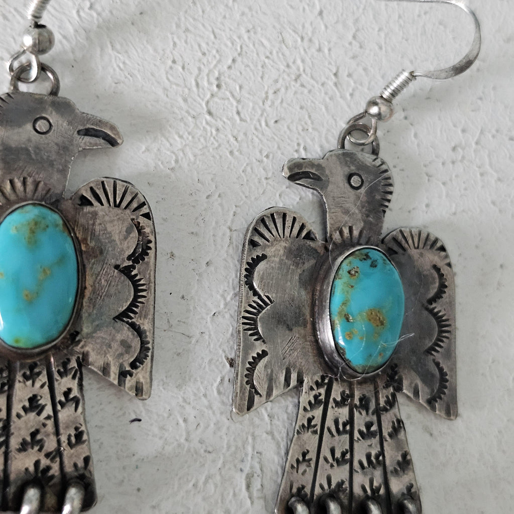 Thunderbird Turquoise Native Earrings Old Pawn 2 1/2"  JE  637