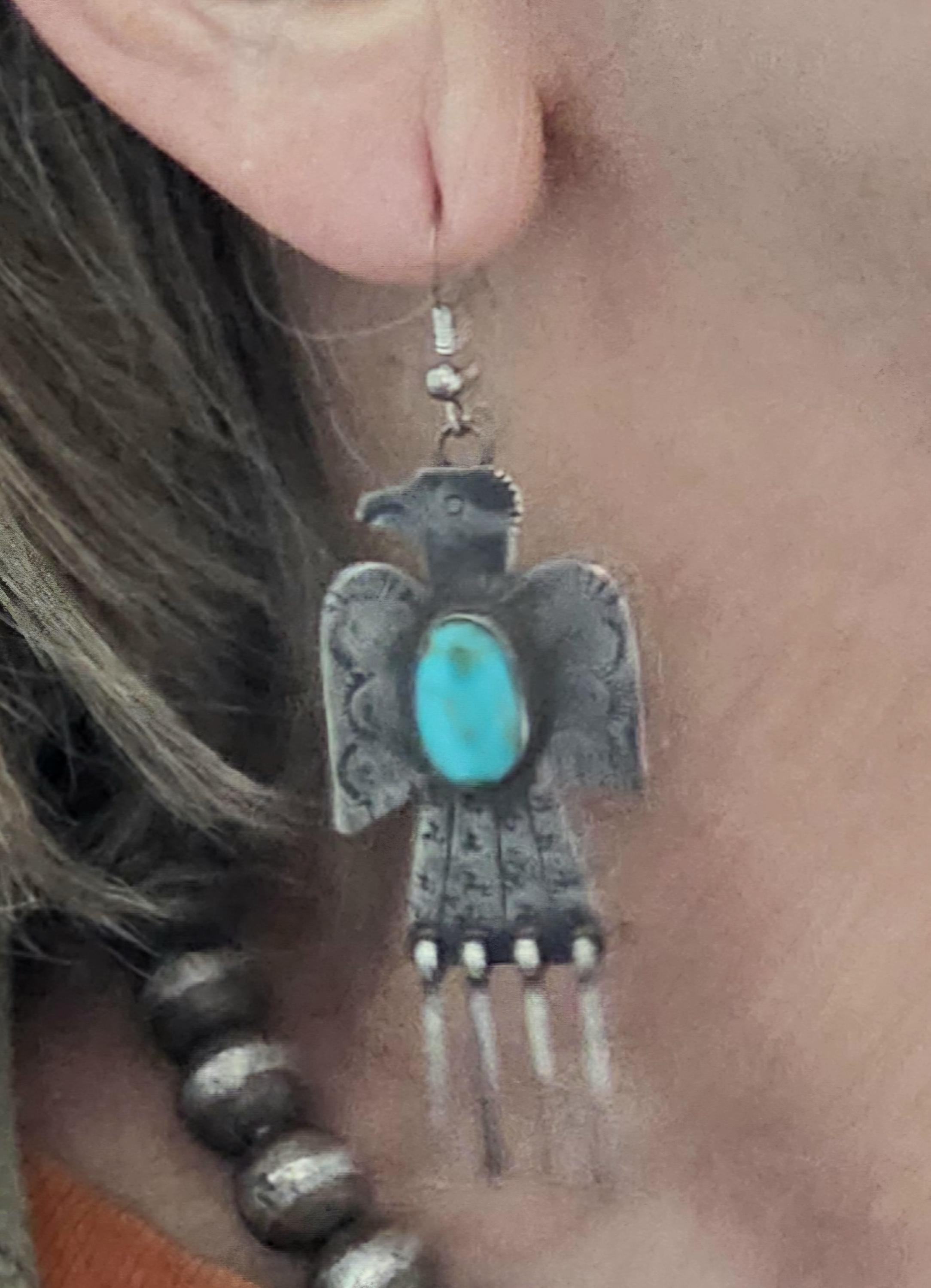 Thunderbird Turquoise Native Earrings Old Pawn 2 1/2"  JE  637